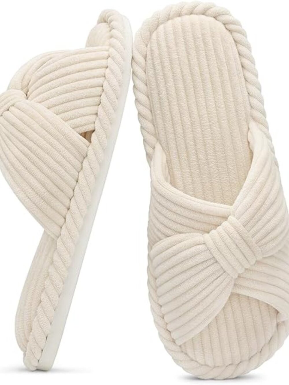 House Slippers for Women Corduroy Cross Bow Indoor Slippers Open Toe Slip On Bed